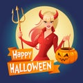 Halloween vector card. lady in red Halloween costume of a devil with horns and trident holding jack-o -lantern Royalty Free Stock Photo