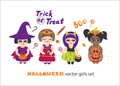 Halloween vector clipart set with kids in costumes