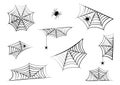 Halloween Vector Cobweb And Hanging Spider. Spider Web Corner Border And Frame, Creepy Elements. Hand Drawn Net. Horror