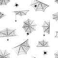 Halloween vector cobweb seamless pattern, hanging spider. Spider web background, creepy print for holiday decoration. Horror Royalty Free Stock Photo