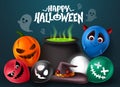 Halloween vector concept design. Happy halloween text with horror balloon elements with scary characters faces like devil, ghost.