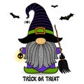 Halloween vector gnome in hat with broom and beard. Holidays greeting card