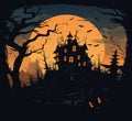 Halloween vector graveyard scene. Haunting nightmare hallowen background, cartoon horror castle scenery scary ghost at Royalty Free Stock Photo