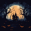 Halloween vector graveyard scene. Haunting nightmare hallowen background, cartoon horror castle scenery scary ghost at Royalty Free Stock Photo