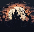 Halloween vector graveyard scene. Haunting nightmare hallowen background, cartoon horror castle scenery scary ghost at Royalty Free Stock Photo