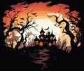 Halloween vector graveyard scene. Haunting nightmare hallowen background, cartoon horror castle scenery scary ghost at Royalty Free Stock Photo