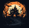 Halloween vector graveyard scene. Haunting nightmare hallowen background, cartoon horror castle scenery scary ghost at Royalty Free Stock Photo