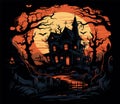 Halloween vector graveyard scene. Haunting nightmare hallowen background, cartoon horror castle scenery scary ghost at Royalty Free Stock Photo