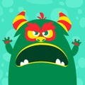 Halloween vector green and slimy monster with big teeth and mouth opened wide isolated