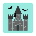 Halloween vector illustration of a beautiful view of a castle and bats in the sky.