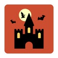 Halloween vector illustration of a beautiful view of a castle and bats in the sky in the red night.