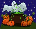 Halloween vector illustration, cat, bowl, moon and pumpkins