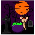 A witch mouse brews a potion in a cauldron in a cemetery on a full moon Royalty Free Stock Photo