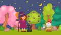 Halloween vector illustration. Cute funny little witch holding broom in magical forest at night. Black cat, gnome Royalty Free Stock Photo