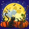 Halloween vector illustration, ghost, moon and pumpkins