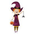 Halloween vector illustration of girl in witch costume with red hair holding pumpkin and spider. Emotion of disgust on Royalty Free Stock Photo