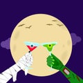 Halloween vector illustration, mummy and green zombie monster hand hold spooky party cocktail drink glass with full moon