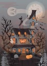 Halloween vector illustration with scary house, ghosts and pumpk