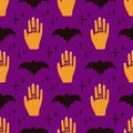 Halloween vector illustration seamless pattern with bat, magic hands