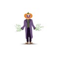 Halloween vector illustration. A stuffed pumpkin in a cloak on a white background with leaves instead of arms