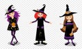 Halloween vector illustration of three young witch girls isolated on transparent background. Royalty Free Stock Photo