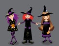 Halloween vector illustration of three young witches isolated