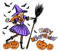 Halloween vector illustration, witch with broom, scary pumpkins, bats and text Happy Halloween