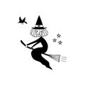 Halloween vector illustration of witch flying on the broom on white background. Drawn by hand spooky vector for halloween