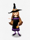 Halloween vector illustration of young witch girl with brown hair on transparent background. Royalty Free Stock Photo