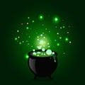 Halloween vector illustration of witch pot with boiling potion, sparkles on green background. Royalty Free Stock Photo