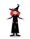 Halloween vector illustration of young witch girl with ginger hair on white background. Royalty Free Stock Photo