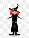 Halloween vector illustration of young witch girl with ginger hair on transparent background. Royalty Free Stock Photo