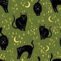 Halloween vector pattern with black cats on olive green