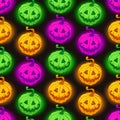 Halloween vector pattern seamless background with cute smiling glowing pumpkins