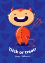 Halloween vector poster trick or treat with devil on seamless background