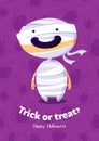 Halloween vector poster trick or treat with mummy on seamless background