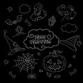 Halloween vector set, pumpkin, cap, bat. Black and white outline illustration.