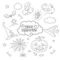 Halloween vector set, pumpkin, cap, bat. Black and white outline illustration.