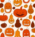 Halloween vector seamless pattern with angry pumpkins. Decorative drawn background with funny drawing pumpkins. Royalty Free Stock Photo