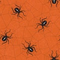Halloween Vector Seamless Pattern With Black Widow Spiders and Spider Web on Orange Background Royalty Free Stock Photo