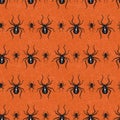 Halloween Vector Seamless Pattern With Black Widow Spiders and Spider Web on Orange Background Royalty Free Stock Photo