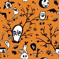 Halloween vector seamless pattern with owls, ghosts, bats, spiders, skulls and trees.