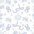 Halloween 2019 vector seamless pattern with pumpkins, branches, spiders, snakes, crosses. Design for decoration, wrapping,