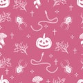 Halloween 2019 vector seamless pattern with pumpkins, branches, spiders, snakes, crosses. Design for decoration, wrapping,