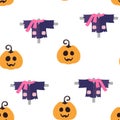 Halloween vector seamless pattern with scarecrows on white Royalty Free Stock Photo