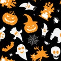 Halloween vector set - pumpkin, bat, spider, skull, ghost. Simple seamless pattern Royalty Free Stock Photo