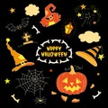 Halloween vector set, pumpkin, cap, bat, cross. Black background.