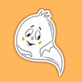 Halloween vector sticker. One line hand drawn Halloween emoticon ghost. Funny little cute confused ghost. Doodle for logo, poster