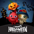 Halloween vector template design. Happy halloween text with demon, bear and pumpkin lantern characters.