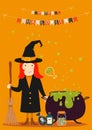 Halloween vector witch with broom and boiler illustration. Happy halloween party flags and Poisons green. Yellow background